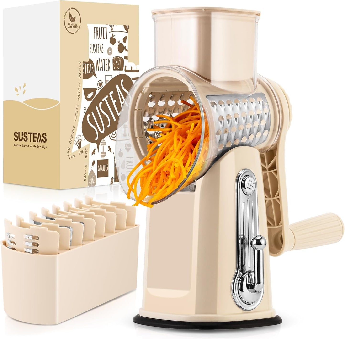 5-in-1 Rotary Cheese & Veggie Grater – Easy Hand-Crank Slicer with Interchangeable Cutting Inserts & Strong Suction Base