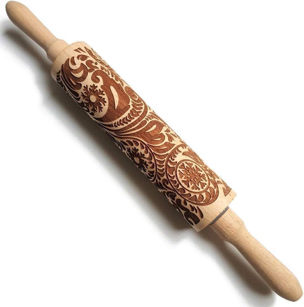 Christmas Embossed Wooden Rolling Pin β 3D Laser-Engraved Snowflake & Flower Pattern for Holiday Cookies, Pastry & Fondant (35Γ5 cm)