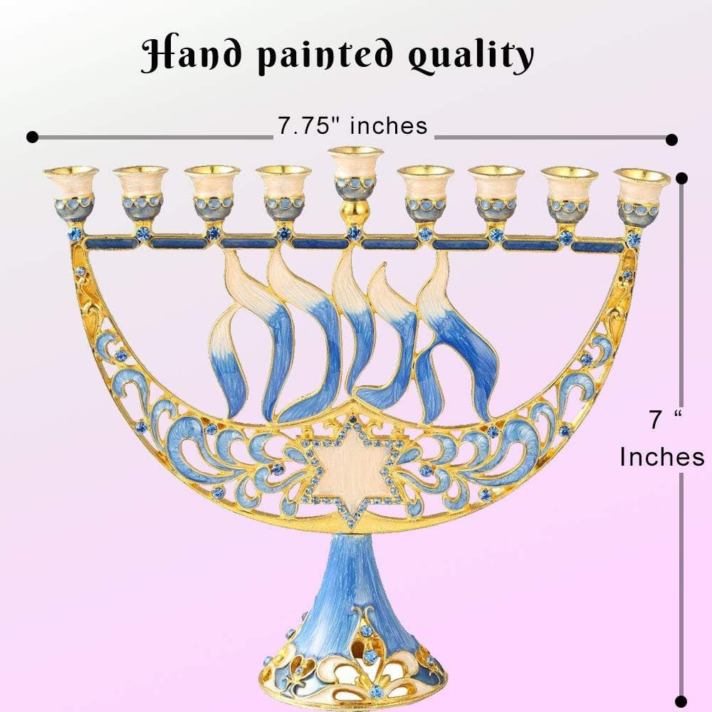 Hand Painted Enamel Menorah Candelabra with Star of David and Hanukkah Design and Embellished with Gold Accents and Crystals - Jewish Candle Holder, Holy Land Gift Showpiece for Living Room