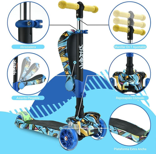 3-Wheel Kids Scooter with LED Light-Up Wheels – Adjustable Lean-to-Steer Handlebar & Foldable Seat, Sit or Stand Ride with Brake for Ages 3–10