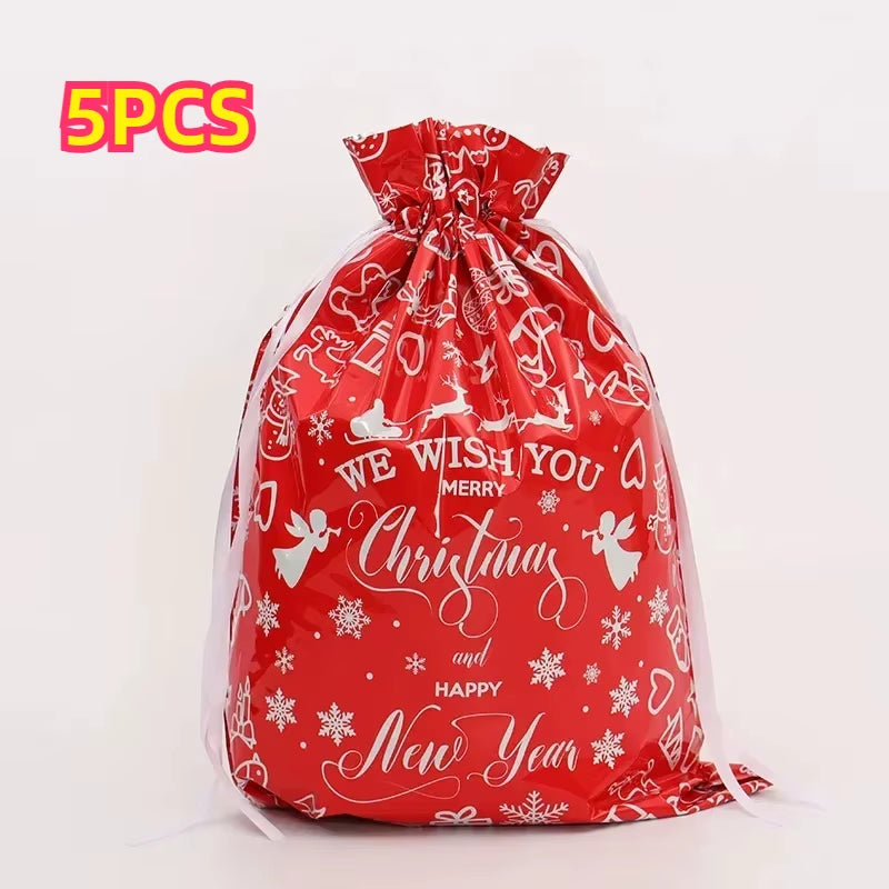 π 5PCS Christmas Drawstring Gift Bags β Reusable Foil Wrapping Sacks for Holiday Presents & Party Favors