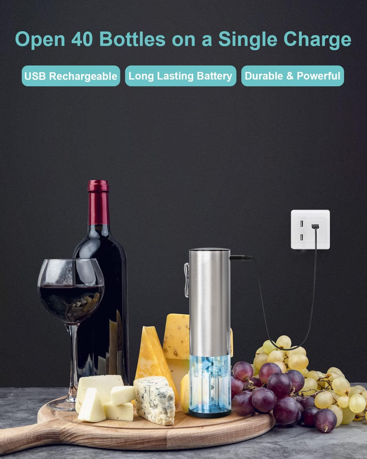 Automatic Electric Wine Opener Kit – Rechargeable Bottle Opener with Foil Cutter, Aerator Pourer & Wine Preserver Stopper- Silver