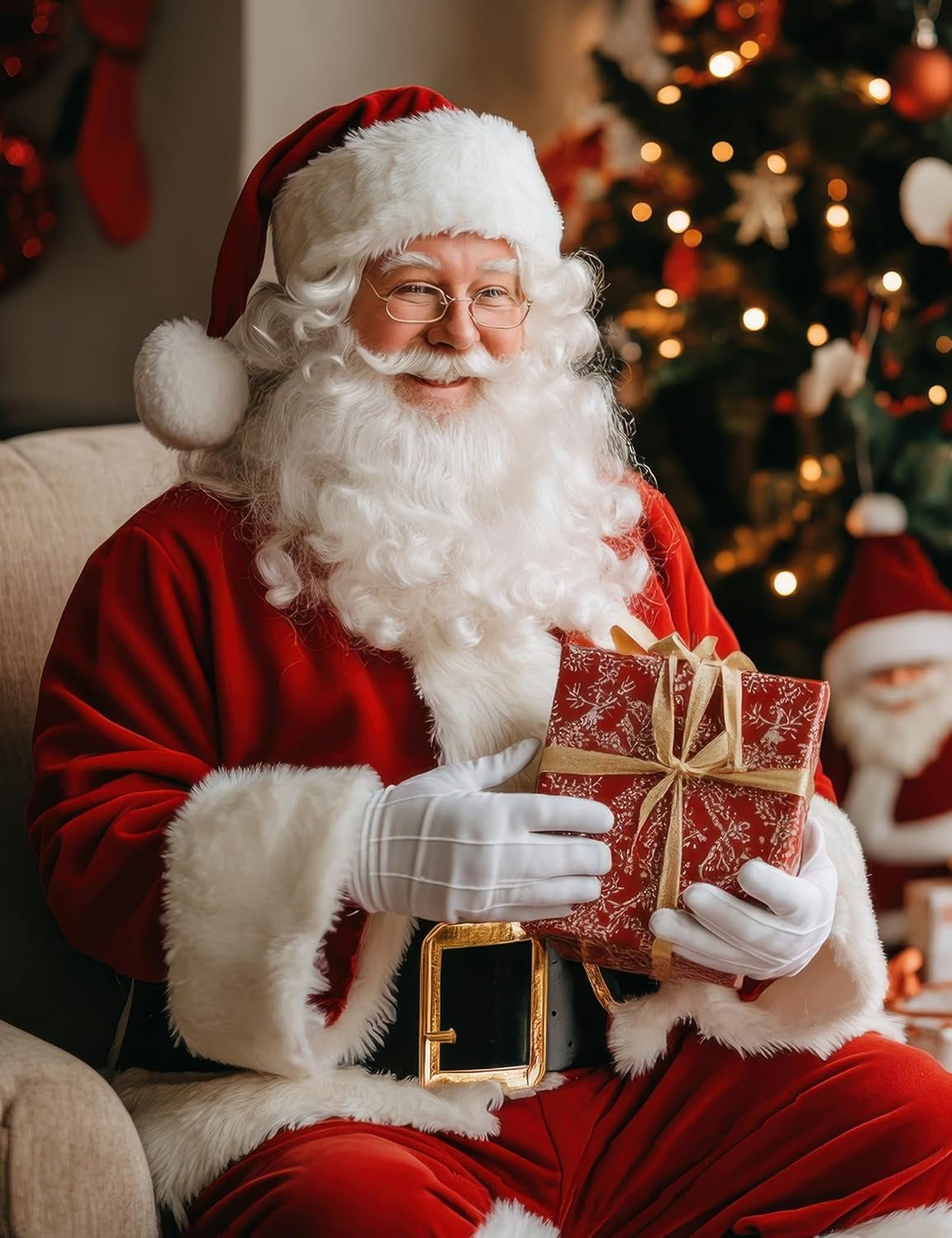 Deluxe Santa Claus Costume for Adults – 11-Piece Men’s Red Velvet Christmas Suit with Beard, Hat & Accessories
