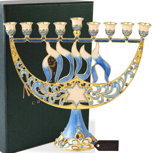 Hand Painted Enamel Menorah Candelabra with Star of David and Hanukkah Design and Embellished with Gold Accents and Crystals - Jewish Candle Holder, Holy Land Gift Showpiece for Living Room