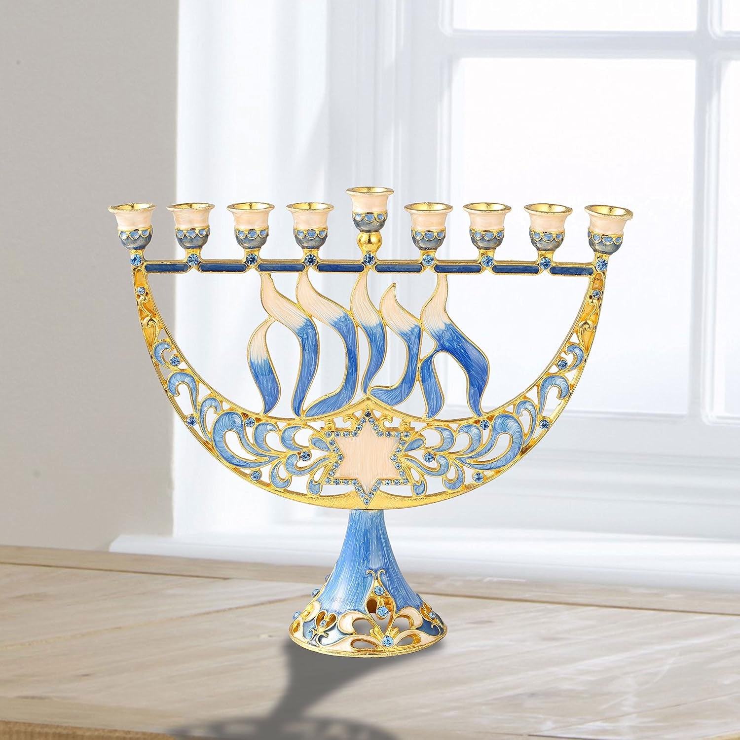 Hand Painted Enamel Menorah Candelabra with Star of David and Hanukkah Design and Embellished with Gold Accents and Crystals - Jewish Candle Holder, Holy Land Gift Showpiece for Living Room