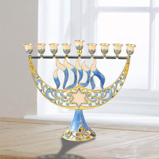 Hand Painted Enamel Menorah Candelabra with Star of David and Hanukkah Design and Embellished with Gold Accents and Crystals - Jewish Candle Holder, Holy Land Gift Showpiece for Living Room