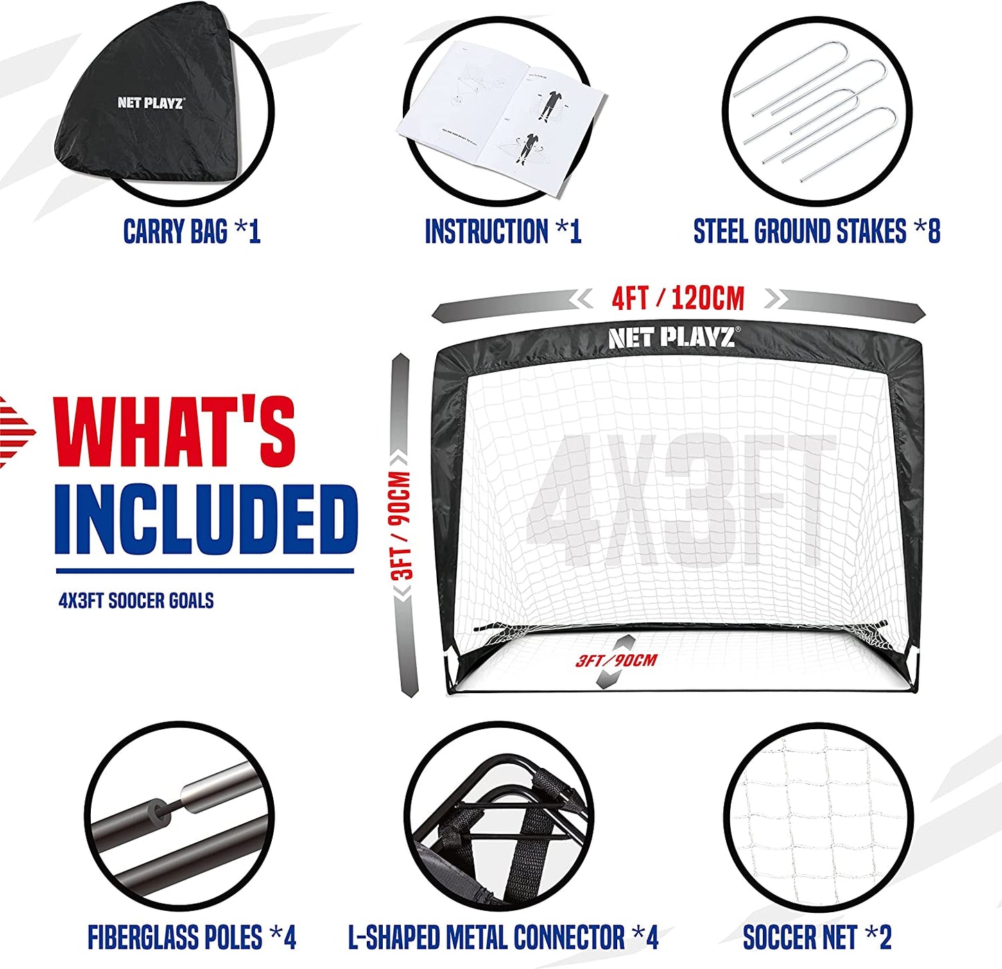 4Ftx3Ft Easy Fold-Up Portable Training Soccer Goal, 36" D X 48" W X 36" H