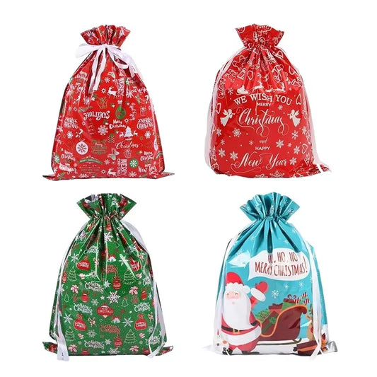 🎁 5PCS Christmas Drawstring Gift Bags – Reusable Foil Wrapping Sacks for Holiday Presents & Party Favors