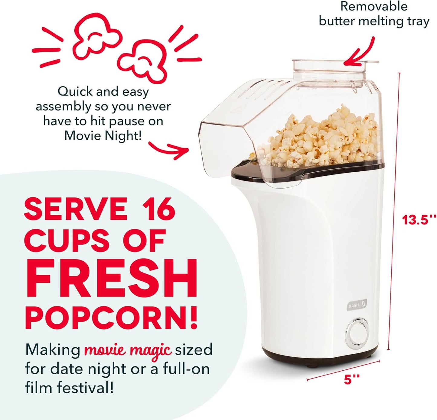 Fresh Pop Popcorn Maker - Oil-Free, Air Popcorn Popper - with Measuring Cup & Recipe Guide - Perfect for Movie Nights - 16 Cups, White