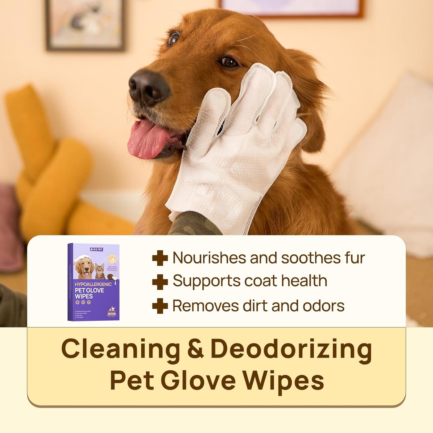 Cleaning Deodorizing Glove Wipes for Dogs & Cats, Vet Recommended Hypoallergenic Hydrating & Nourish Fur Pet Grooming Glove Wipes, Pet Bathing Wipes for Horse Coat Care,6Pcs Coconut Scent