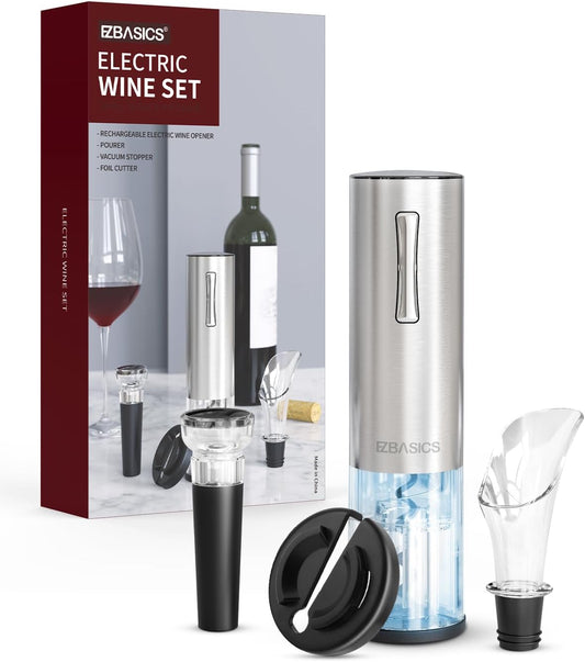 Automatic Electric Wine Opener Kit – Rechargeable Bottle Opener with Foil Cutter, Aerator Pourer & Wine Preserver Stopper- Silver