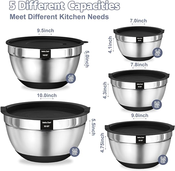 Stainless Steel Nesting Mixing Bowls with Airtight Lids, Grater Attachments and Non-Slip Bottoms, Size 5, 4, 3.5, 2, 1.5QT Black and Khaki
