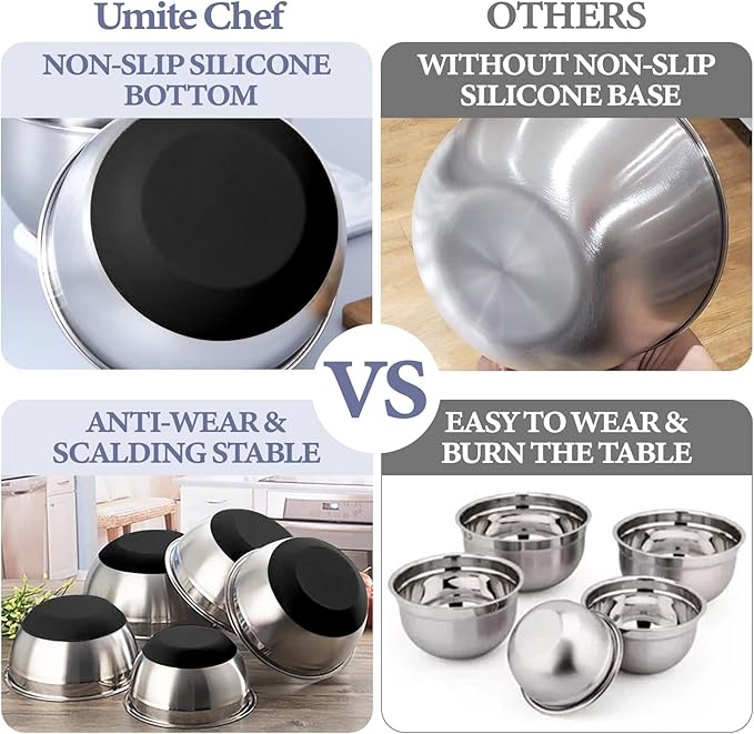 Stainless Steel Nesting Mixing Bowls with Airtight Lids, Grater Attachments and Non-Slip Bottoms, Size 5, 4, 3.5, 2, 1.5QT Black and Khaki