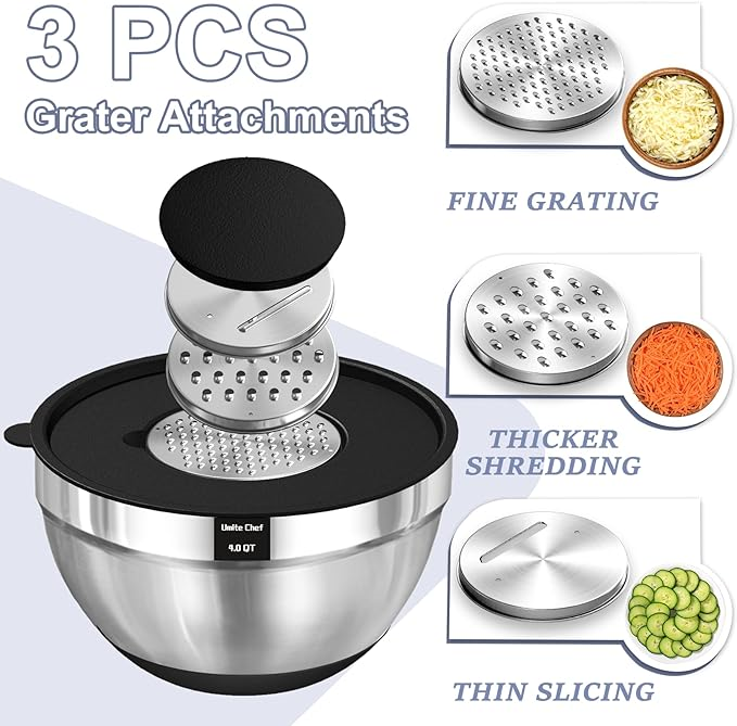 Stainless Steel Nesting Mixing Bowls with Airtight Lids, Grater Attachments and Non-Slip Bottoms, Size 5, 4, 3.5, 2, 1.5QT Black and Khaki