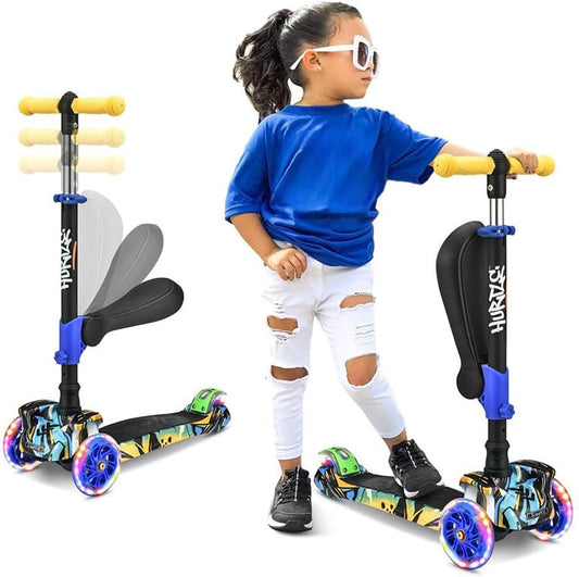 3-Wheel Kids Scooter with LED Light-Up Wheels – Adjustable Lean-to-Steer Handlebar & Foldable Seat, Sit or Stand Ride with Brake for Ages 3–10