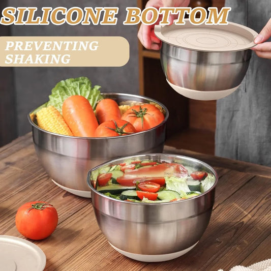Stainless Steel Mixing Bowl Set with Airtight Lids – 26-Piece Nesting Set with Non-Slip Bottoms & Grater Attachments