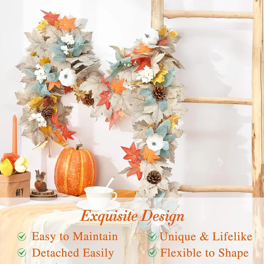 6FT Autumn Garland with Pumpkins, Maple Leaves & Pinecones – Cozy Fall Decorations for Mantle, Fireplace & Home Décor
