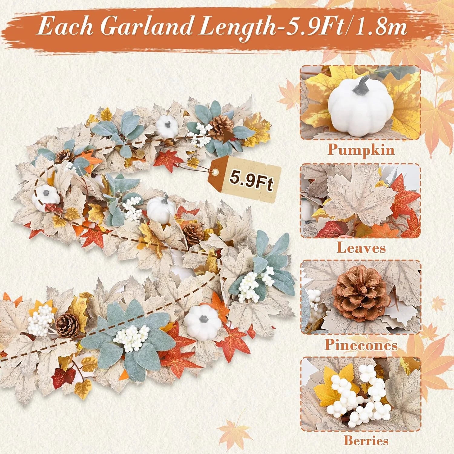 6FT Autumn Garland with Pumpkins, Maple Leaves & Pinecones – Cozy Fall Decorations for Mantle, Fireplace & Home Décor