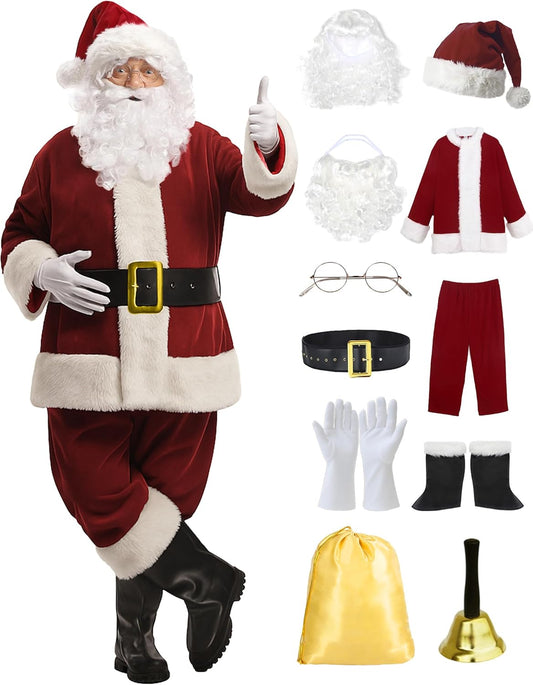 Deluxe Santa Claus Costume for Adults – 11-Piece Men’s Red Velvet Christmas Suit with Beard, Hat & Accessories