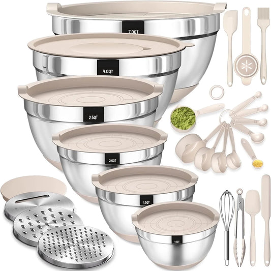Stainless Steel Mixing Bowl Set with Airtight Lids – 26-Piece Nesting Set with Non-Slip Bottoms & Grater Attachments