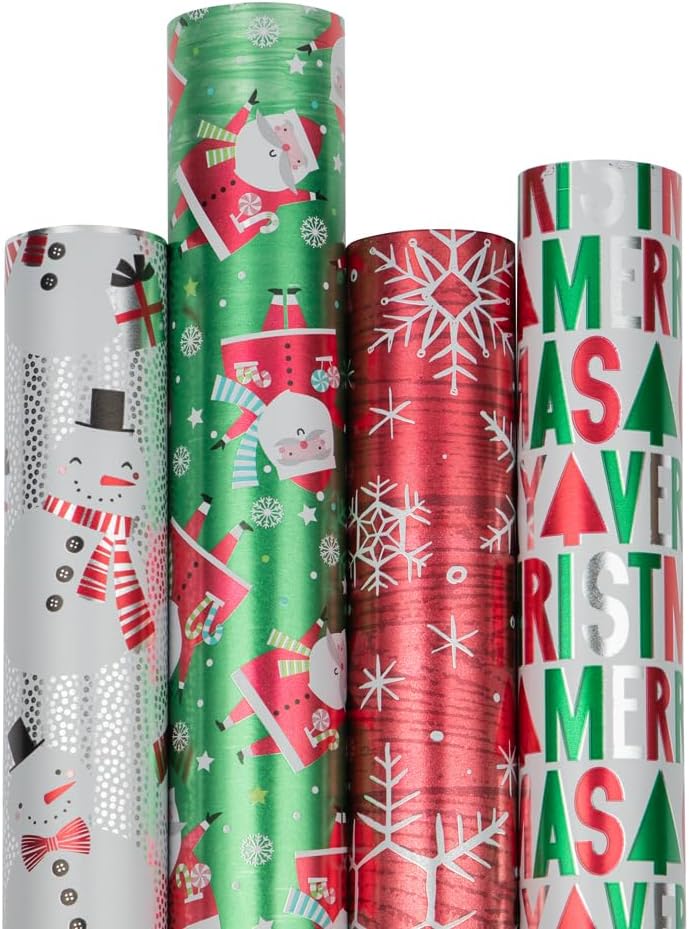 Christmas Foil Wrapping Paper – 4 Rolls, 100 Sq Ft Total | Elegant Holiday Designs for Festive Gifts