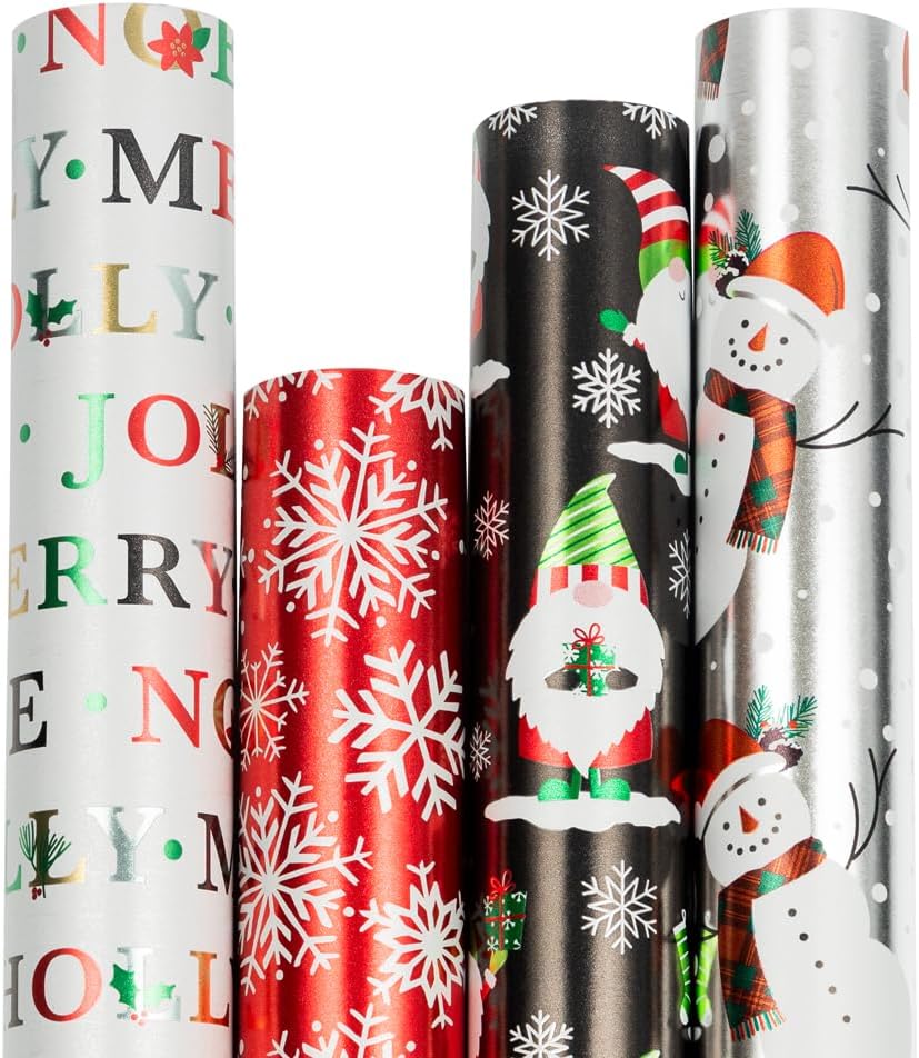 Christmas Foil Wrapping Paper – 4 Rolls, 100 Sq Ft Total | Elegant Holiday Designs for Festive Gifts