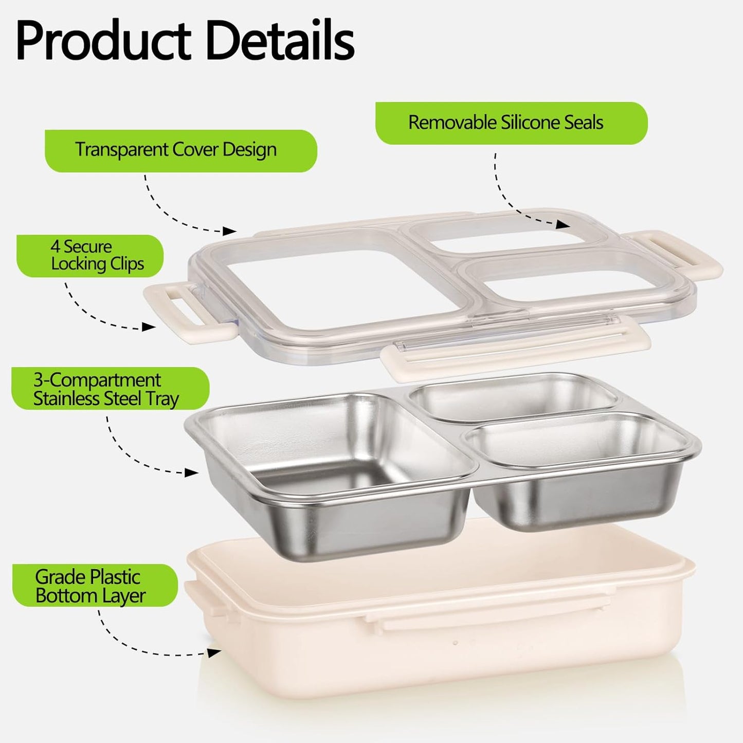 Stainless Steel Lunch Box | Leakproof 3-Compartment Container (Beige & Blue)