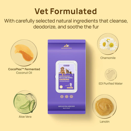 Cleaning Deodorizing Glove Wipes for Dogs & Cats, Vet Recommended Hypoallergenic Hydrating & Nourish Fur Pet Grooming Glove Wipes, Pet Bathing Wipes for Horse Coat Care,6Pcs Coconut Scent