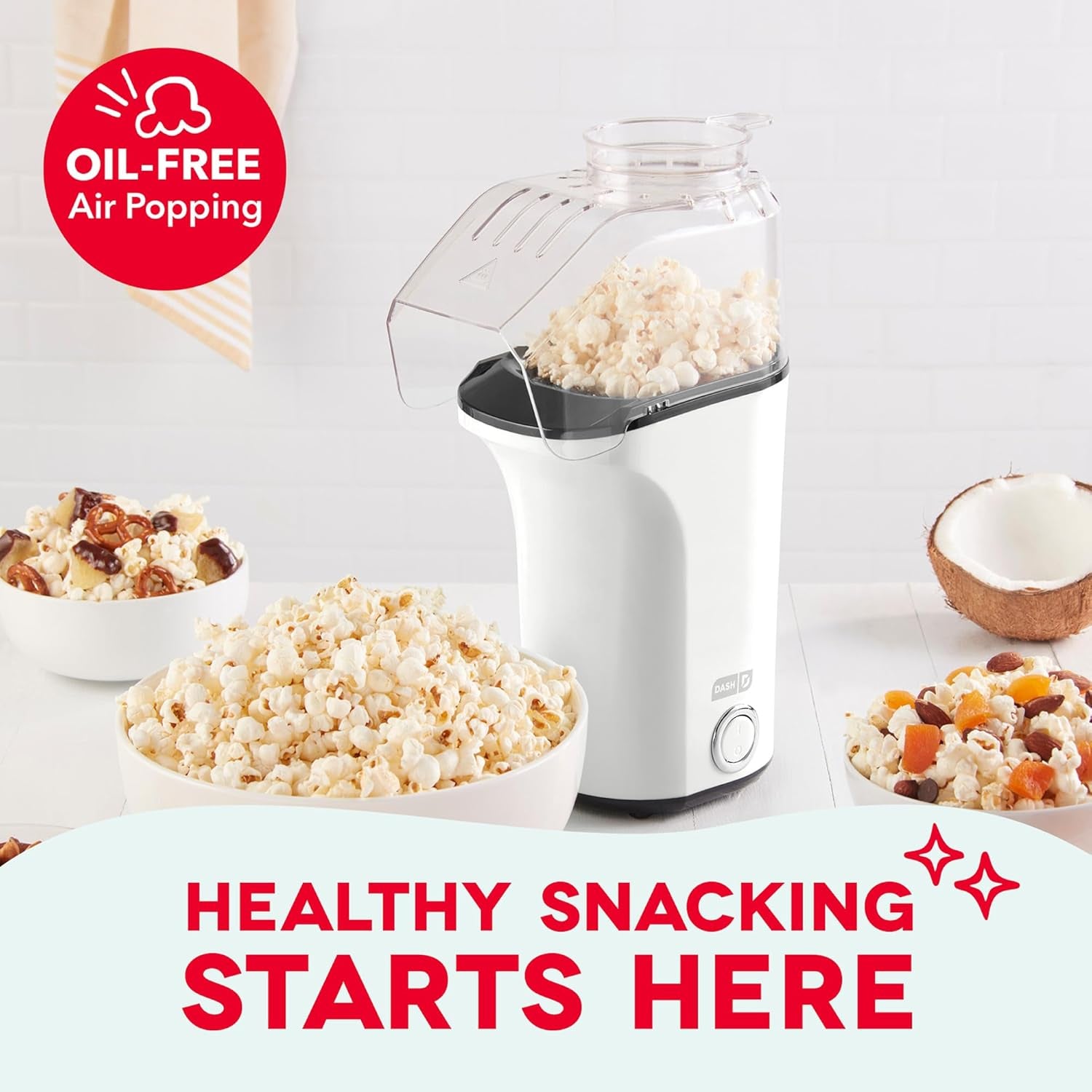 Fresh Pop Popcorn Maker - Oil-Free, Air Popcorn Popper - with Measuring Cup & Recipe Guide - Perfect for Movie Nights - 16 Cups, White