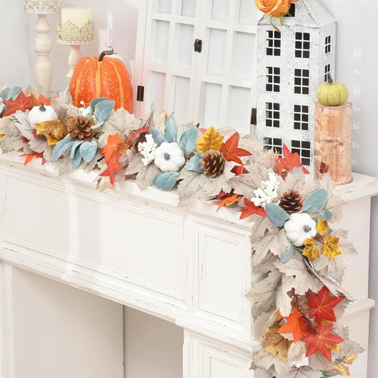 6FT Autumn Garland with Pumpkins, Maple Leaves & Pinecones – Cozy Fall Decorations for Mantle, Fireplace & Home Décor