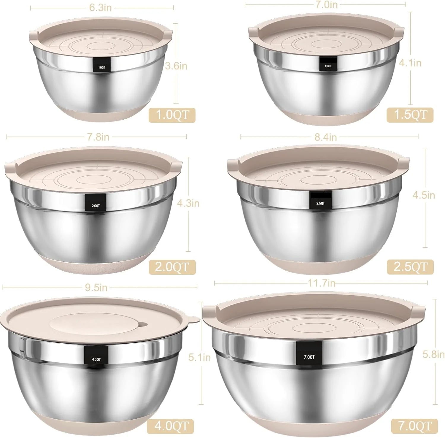 Stainless Steel Mixing Bowl Set with Airtight Lids – 26-Piece Nesting Set with Non-Slip Bottoms & Grater Attachments