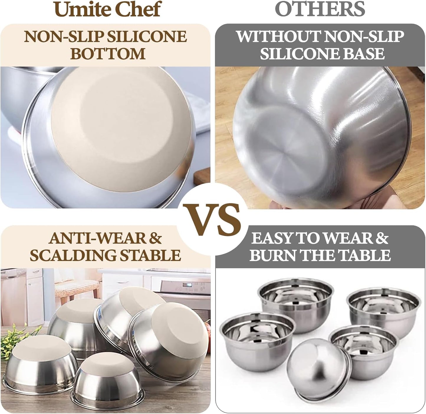  Stainless Steel Nesting Mixing Bowls with Airtight Lids, Grater Attachments and Non-Slip Bottoms, Size 5, 4, 3.5, 2, 1.5QT Black and Khaki