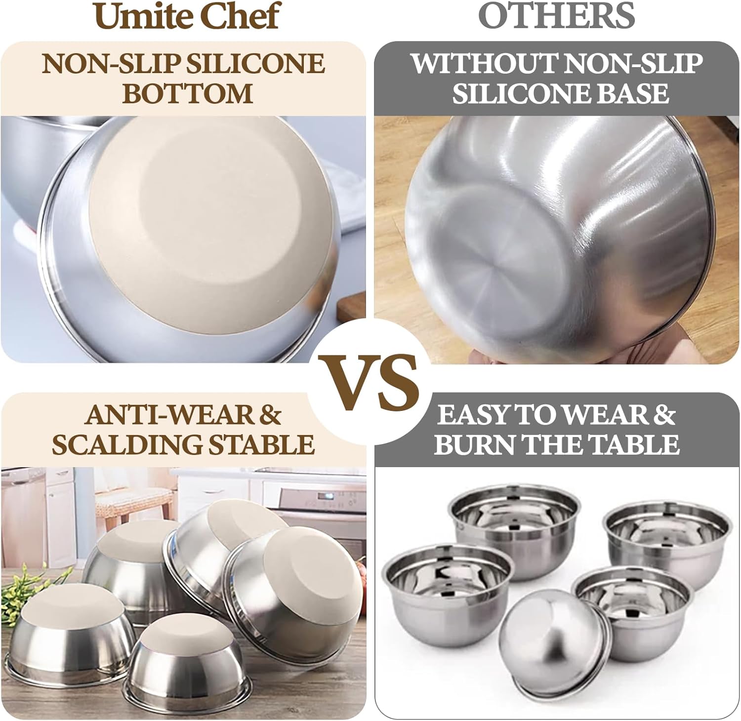  Stainless Steel Nesting Mixing Bowls with Airtight Lids, Grater Attachments and Non-Slip Bottoms, Size 5, 4, 3.5, 2, 1.5QT Black and Khaki