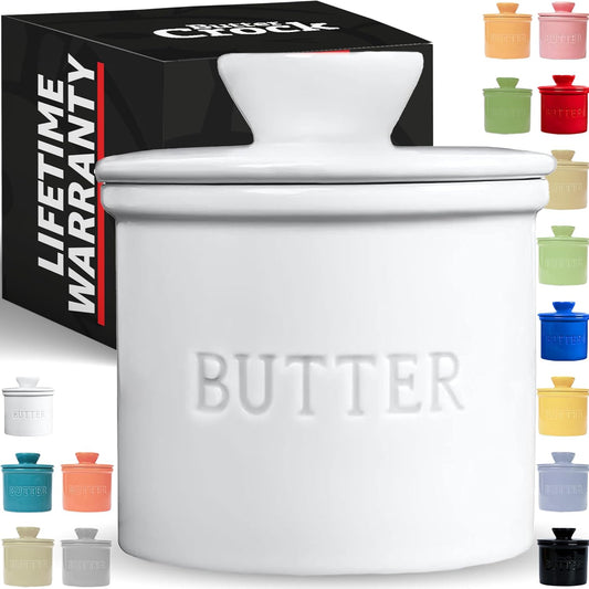 Butter Crock with Lid with Water Line,Ceramic French Butter Dish to Leave on Counter, White