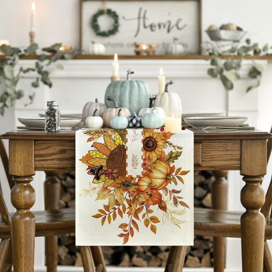 Fall Thanksgiving Table Runner 13x72 Inch – Sunflower, Turkey & Maple Leaf Design for Autumn Kitchen, Dining Table, or Home Party Decor