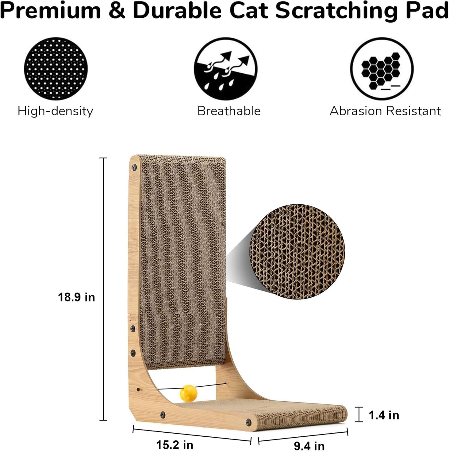 L-Shape Cat Scratcher with Toy Ball – 18.9" Wall-Mountable Cardboard Scratch Pad for Indoor Cats