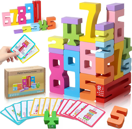 Wooden Number Building Blocks - 20-Piece Educational Stacking & Counting & Balance Toy for Kids Ages 3+