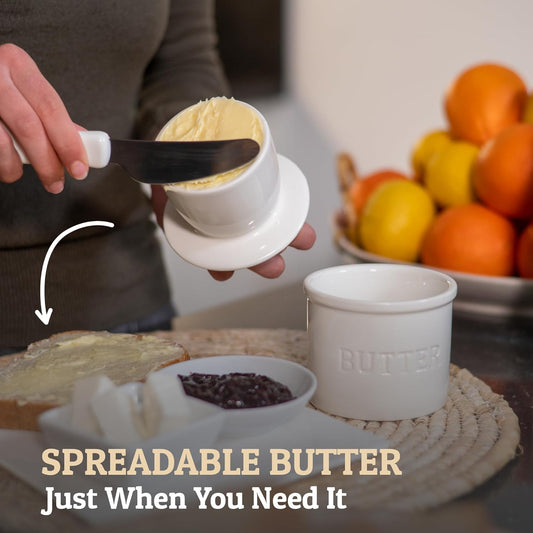 Butter Crock with Lid with Water Line,Ceramic French Butter Dish to Leave on Counter, White