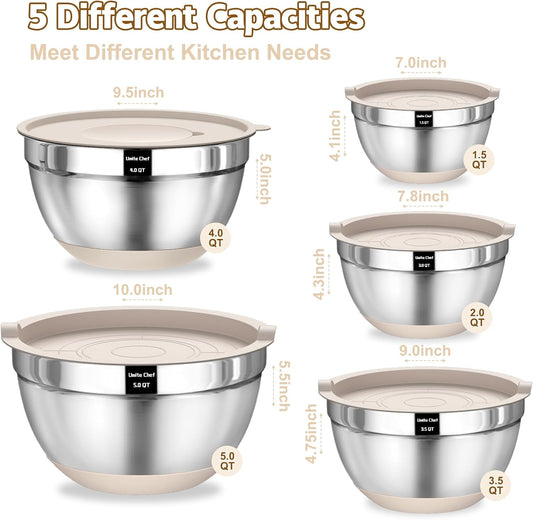  Stainless Steel Nesting Mixing Bowls with Airtight Lids, Grater Attachments and Non-Slip Bottoms, Size 5, 4, 3.5, 2, 1.5QT Black and Khaki