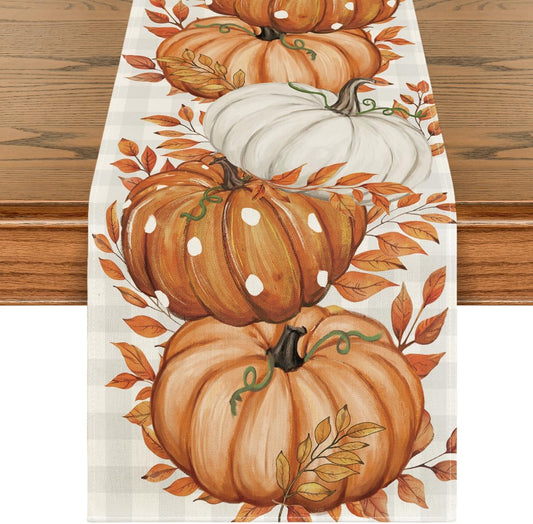 Buffalo Plaid Orange Pumpkins Eucalyptus Fall Table Runner, Autumn Thanksgiving Kitchen Dining Table Decoration for Home Party Decor 