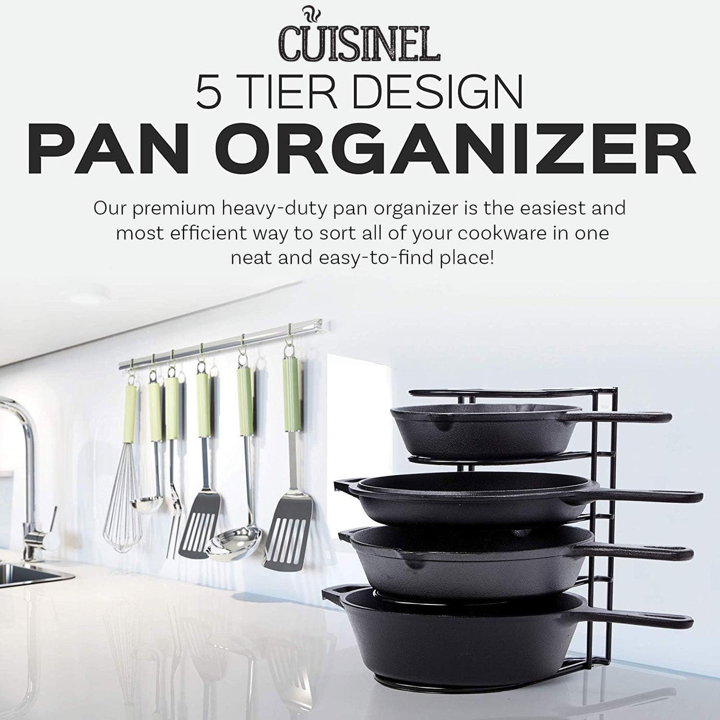 Heavy Duty Pan Organizer Rack – 5-Tier Vertical or Horizontal Storage for Skillets, Griddles & Lids – Holds Up to 50 lbs
