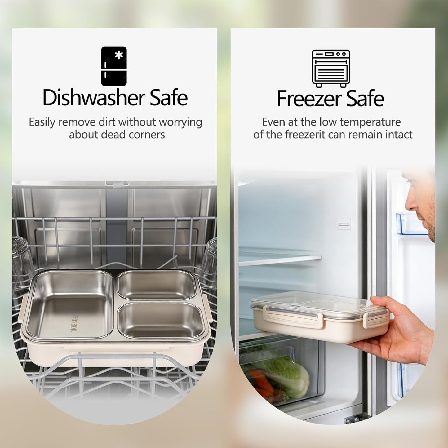 Stainless Steel Lunch Box | Leakproof 3-Compartment Container (Beige & Blue)