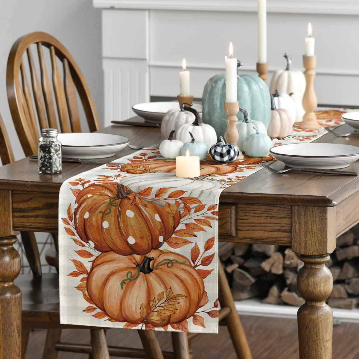 Buffalo Plaid Orange Pumpkins Eucalyptus Fall Table Runner, Autumn Thanksgiving Kitchen Dining Table Decoration for Home Party Decor 
