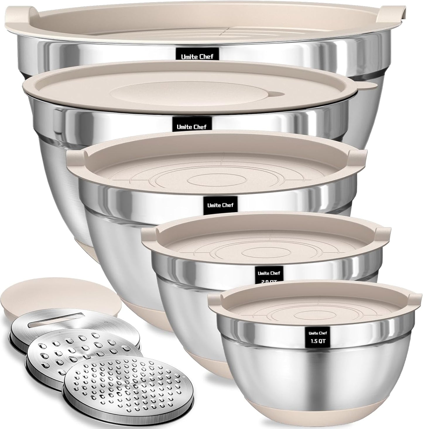  Stainless Steel Nesting Mixing Bowls with Airtight Lids, Grater Attachments and Non-Slip Bottoms, Size 5, 4, 3.5, 2, 1.5QT Black and Khaki