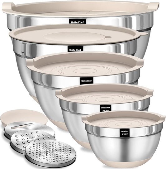  Stainless Steel Nesting Mixing Bowls with Airtight Lids, Grater Attachments and Non-Slip Bottoms, Size 5, 4, 3.5, 2, 1.5QT Black and Khaki