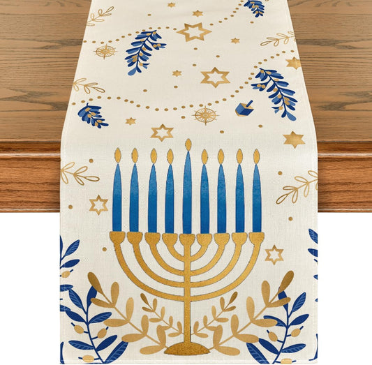 Hanukkah Table Runner – Elegant Watercolor Star Design, Holiday Dining Decor 13x72"