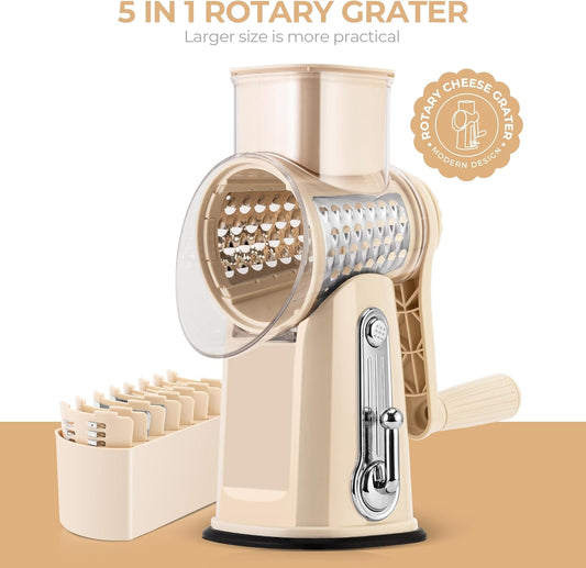 5-in-1 Rotary Cheese & Veggie Grater – Easy Hand-Crank Slicer with Interchangeable Cutting Inserts & Strong Suction Base