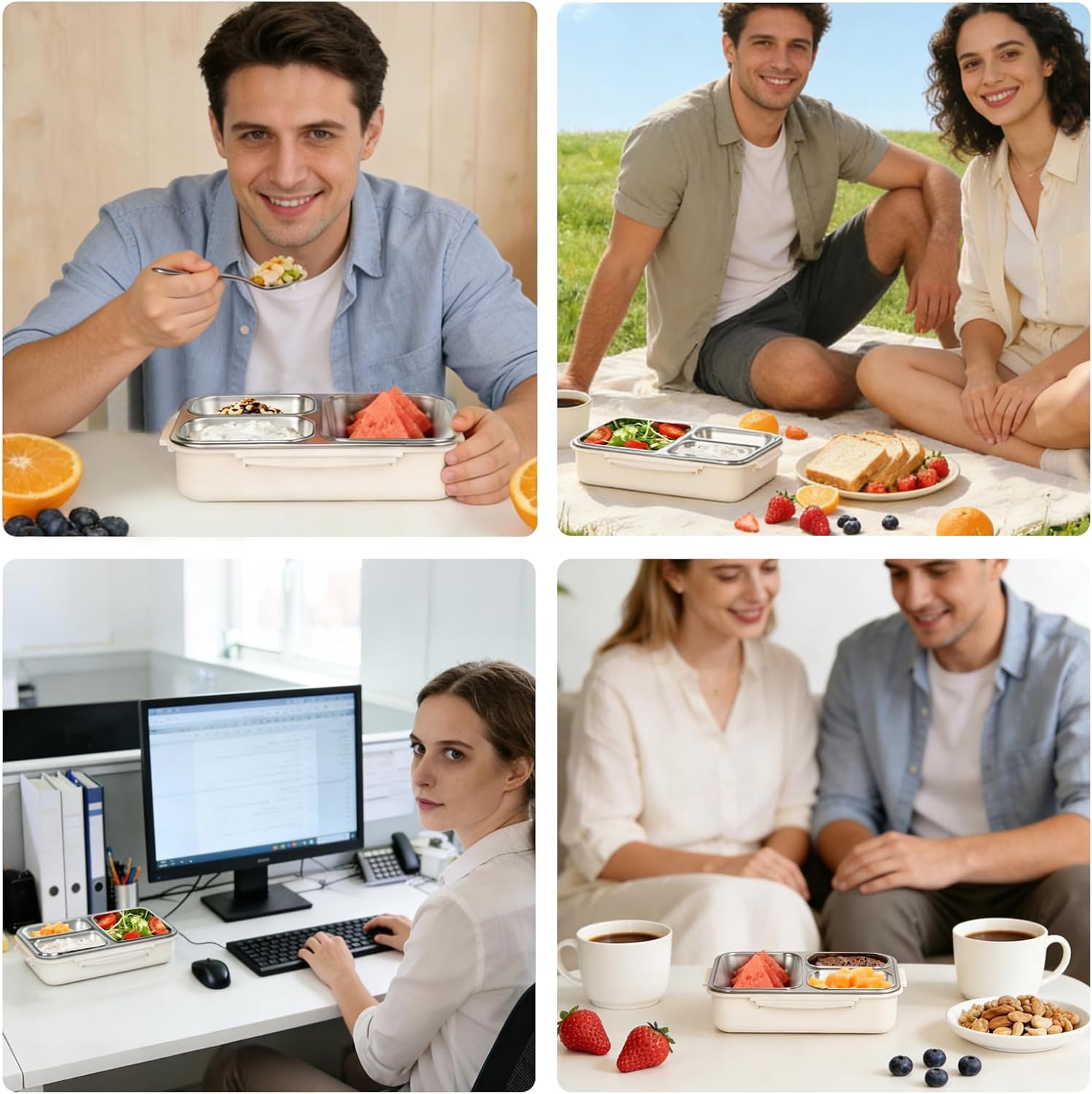 Stainless Steel Lunch Box | Leakproof 3-Compartment Container (Beige & Blue)