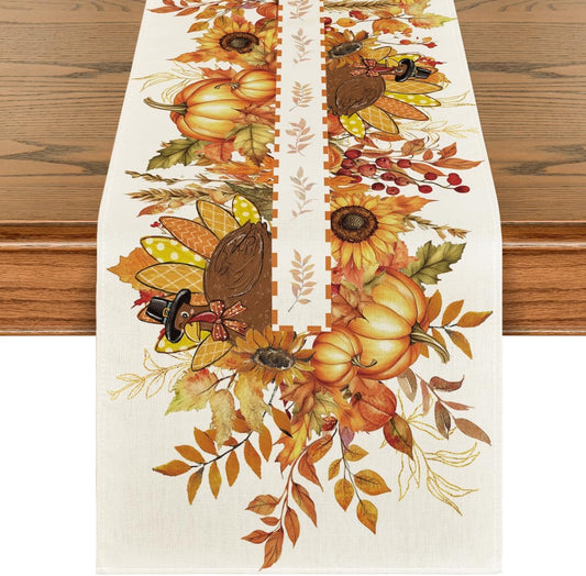 Fall Thanksgiving Table Runner 13x72 Inch – Sunflower, Turkey & Maple Leaf Design for Autumn Kitchen, Dining Table, or Home Party Decor