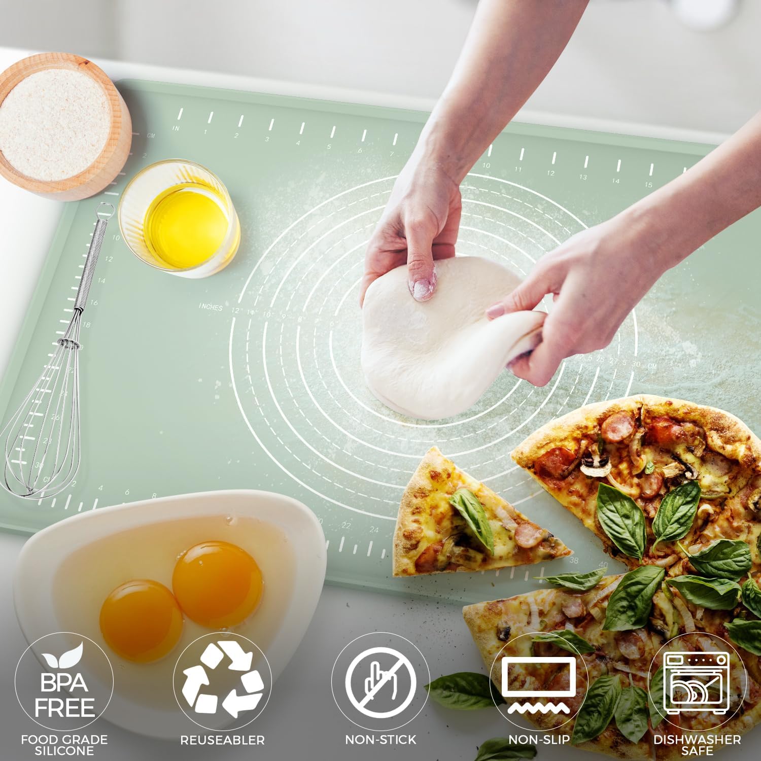 Silicone Baking Mat 28" X 20", Extra Thick Dough Rolling Mat with Measurements and Edge Heightening, Non-Stick Food Grade Silicone Pastry Mat for for Pastry, Bread, Cookies, Pizza, Fondant, Pasta